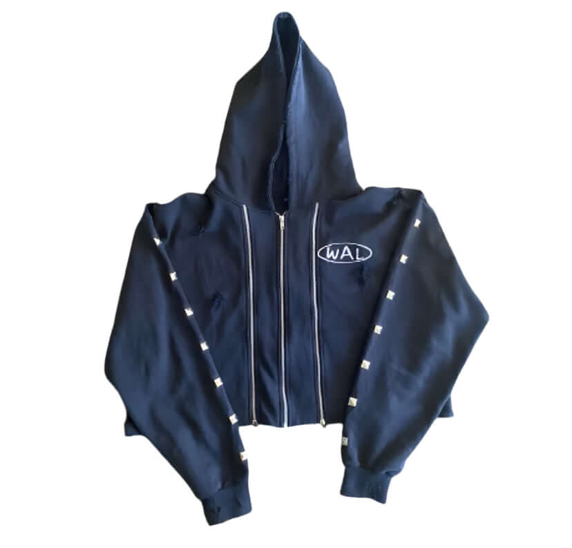 WAL Zipup hoodie in black with a zip front and logo, featuring a stylish cropped design and hood.